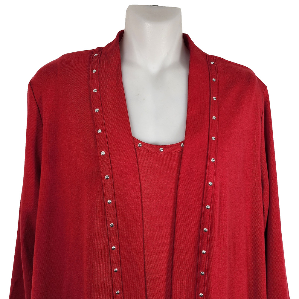 Rafaella Women 2 Piece Knit Cardigan Tank Set Studded 3/4 Sleeve Red Size Large - Picture 2 of 14